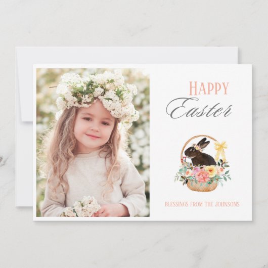 Cute Happy Paaster Bunny Basket Foto Feestdagenkaart (Voorkant)