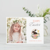 Cute Happy Paaster Bunny Basket Foto Feestdagenkaart (Staand voorkant)