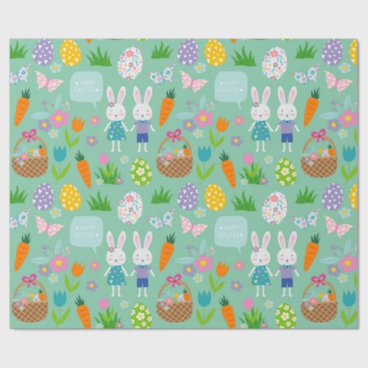 Cute Happy Paaster Bunny Eggs Spring Flowers Cadeaupapier (Vlak)