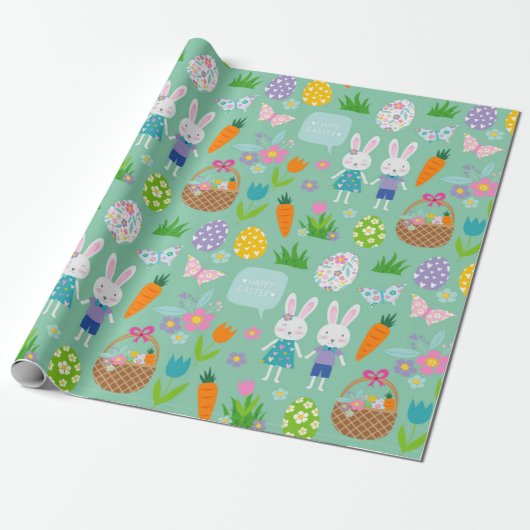 Cute Happy Paaster Bunny Eggs Spring Flowers Cadeaupapier (Uitgerold)
