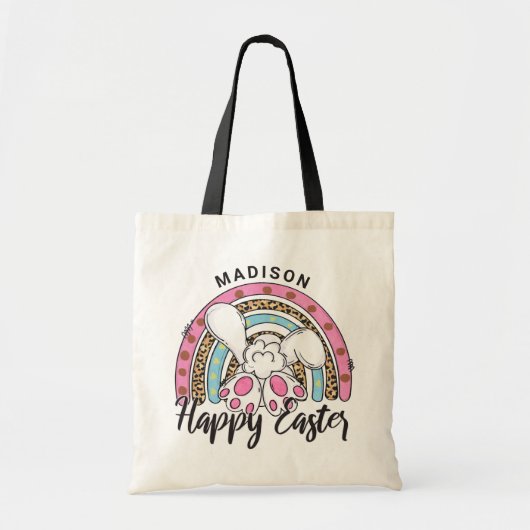 Cute Happy Paaster Bunny Rabbit Rainbow Add Name Tote Bag (Voorkant)