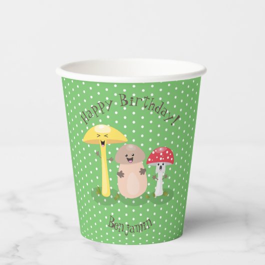 Cute happy padroom fungi cartoon illustratie papieren bekers (Voorkant)