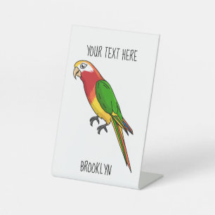 Cute happy parrot cartoon illustratie reclamebord met voetstuk