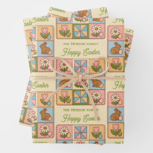 Cute Happy Pasen Konijn Quilt Patroon  Inpakpapier Vel