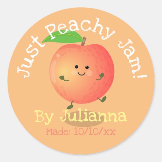 Cute happy peach cartoon illustratielabel ronde sticker (Voorkant)