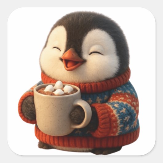 Cute Happy Penguin in Sweater Hot Cocoa Vierkante Sticker (Voorkant)