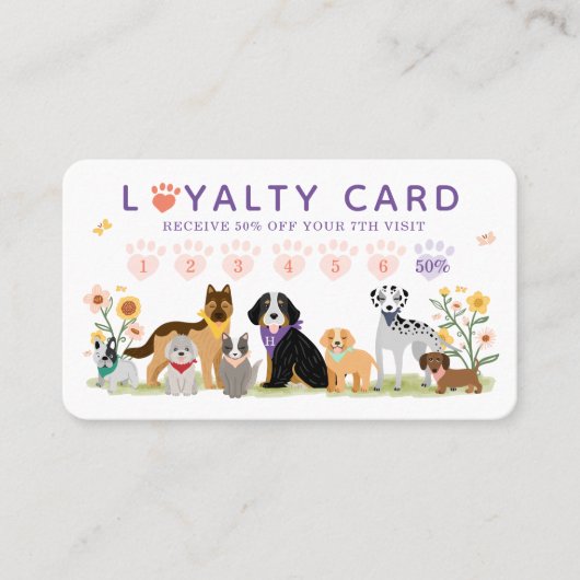 Cute Happy Pet Family Pet Care & Grooming Loyalty Visitekaartje (Voorkant)