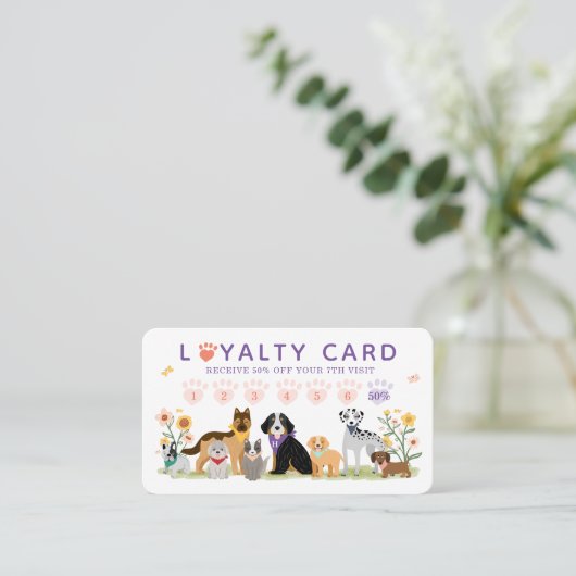 Cute Happy Pet Family Pet Care & Grooming Loyalty Visitekaartje (Staand voorkant)