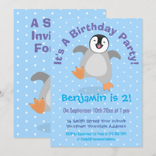 Cute happy pinguin chick cartoon 2 jaar kaart