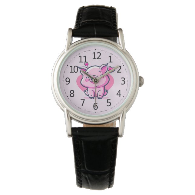 Cute Happy Pink Pig Hearts Valentijn geïnspireerd  Horloge (Voorkant)