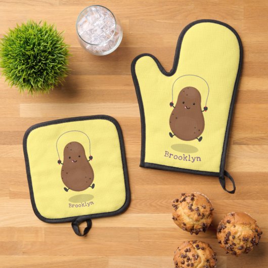 Cute happy potato springtouw cartoon ovenwant & pannenlap set (Top down)
