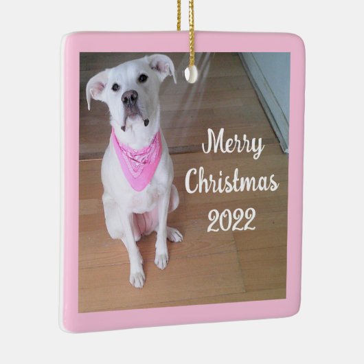 Cute Happy Puppy Dog met roze plein rood Keramisch Ornament (Rechts)