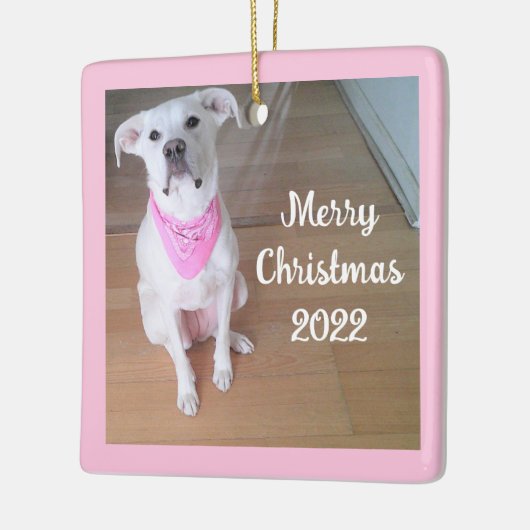 Cute Happy Puppy Dog met roze plein rood Keramisch Ornament (Links)