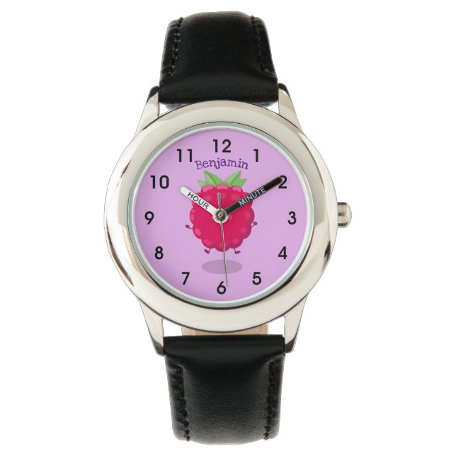 Cute happy raspberry cartoon illustratie horloge (Voorkant)