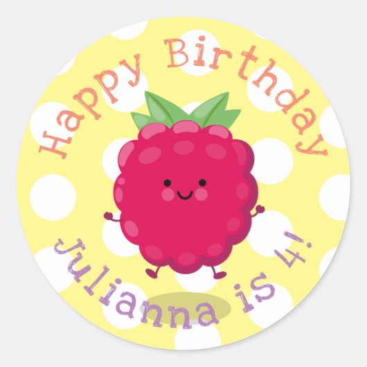 Cute happy raspberry cartoon illustratie ronde sticker (Voorkant)