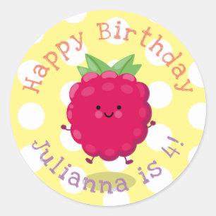 Cute happy raspberry cartoon illustratie ronde sticker