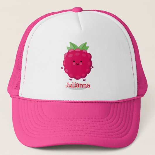 Cute happy raspberry cartoon illustratie trucker pet (Voorkant)