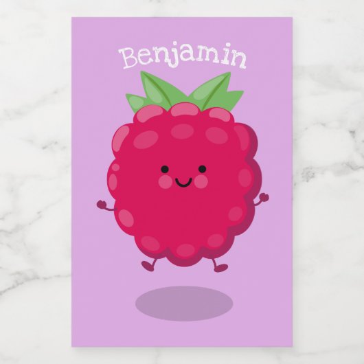 Cute happy raspberry cartoon illustratie voedselcontainer etiket (Enkel label)