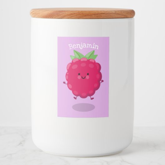 Cute happy raspberry cartoon illustratie voedselcontainer etiket (Voorkant)
