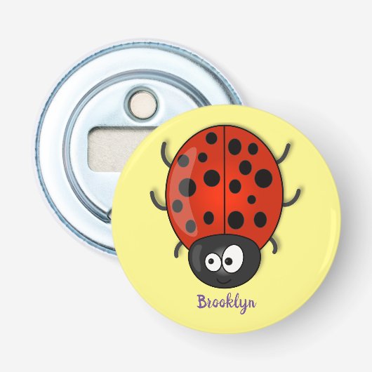 Cute happy red ladybug cartoon afbeelding button flesopener (Voorkant)