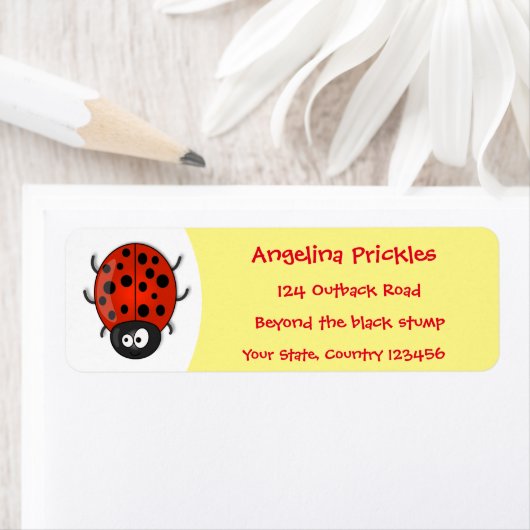 Cute happy red ladybug cartoon afbeelding etiket (Insitu)
