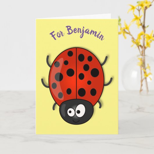 Cute happy red ladybug cartoon afbeelding kaart (Gele Bloem)