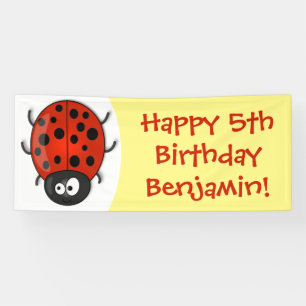Cute happy red ladybug cartoon afbeelding spandoek
