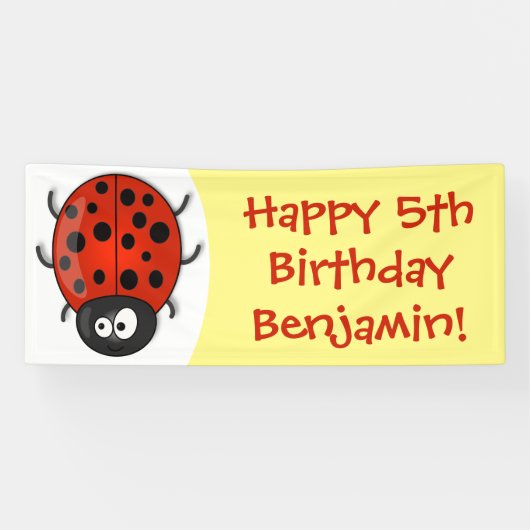 Cute happy red ladybug cartoon afbeelding spandoek (Horizontaal)