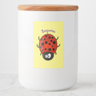 Cute happy red ladybug cartoon afbeelding voedselcontainer etiket