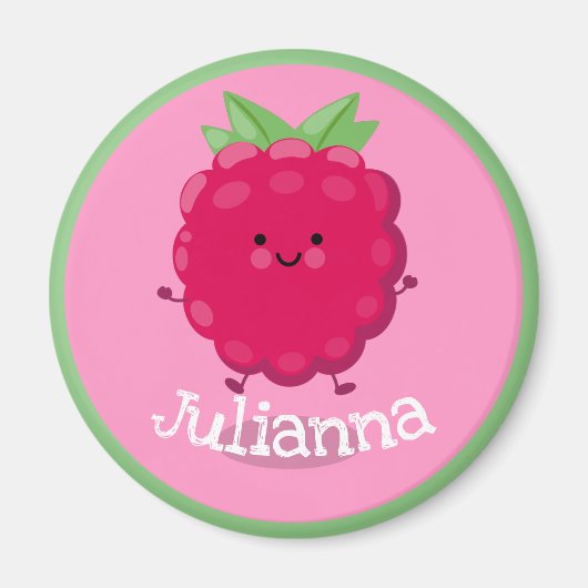 Cute happy red raspberry roze cartoon illustratie magneet (Voorkant)