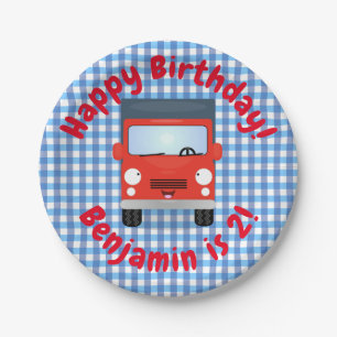 Cute happy red truck cartoon illustratie papieren bordje