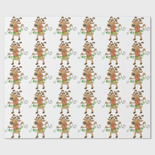 Cute Happy Reindeer met Green Kerstlampjes Cadeaupapier (Vlak)
