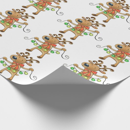 Cute Happy Reindeer met Green Kerstlampjes Cadeaupapier (Hoek)