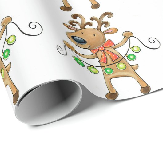 Cute Happy Reindeer met Green Kerstlampjes Cadeaupapier (Rol Hoek)