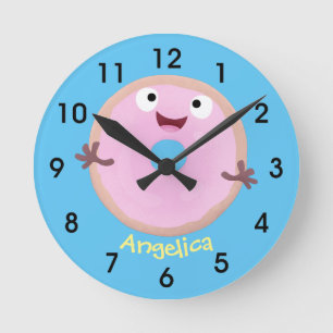 Cute happy roze donut cartoon ronde klok