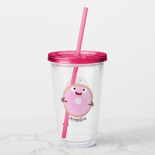 Cute happy roze glaasje donut cartoon acryl drinkbeker (Achterkant)