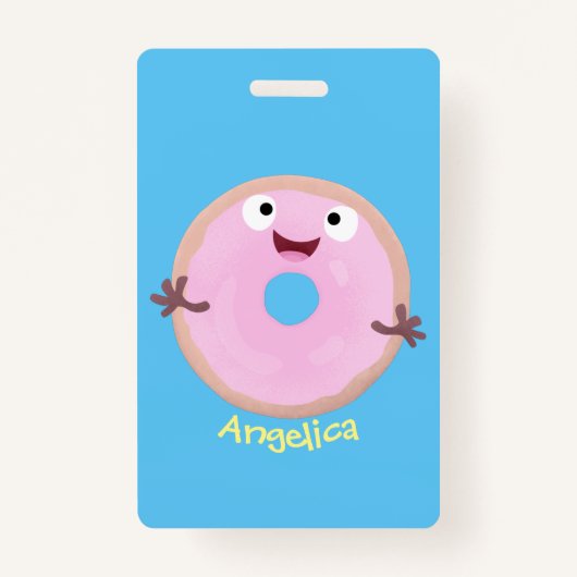Cute happy roze glaasje donut cartoon badge (Voorkant)