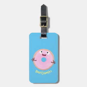 Cute happy roze glaasje donut cartoon bagagelabel