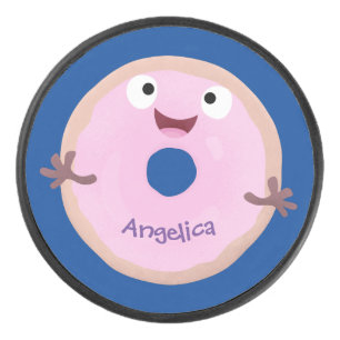 Cute happy roze glaasje donut cartoon hockey puck