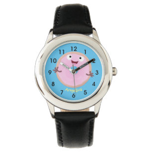 Cute happy roze glaasje donut cartoon horloge