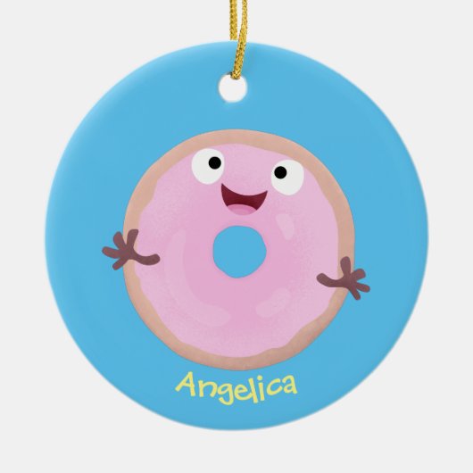 Cute happy roze glaasje donut cartoon keramisch ornament (Voorkant)
