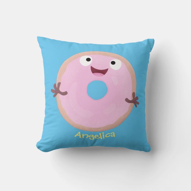 Cute happy roze glaasje donut cartoon kussen (Voorkant)