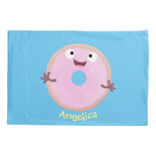 Cute happy roze glaasje donut cartoon kussensloop (Achterkant)