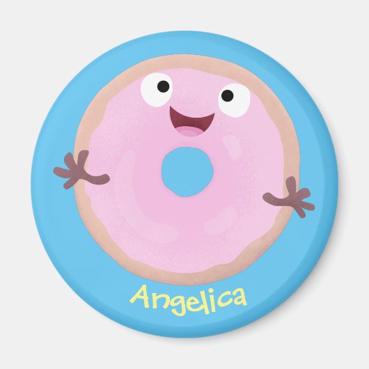 Cute happy roze glaasje donut cartoon magneet (Voorkant)