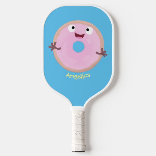 Cute happy roze glaasje donut cartoon pickleball paddle (Voorkant)