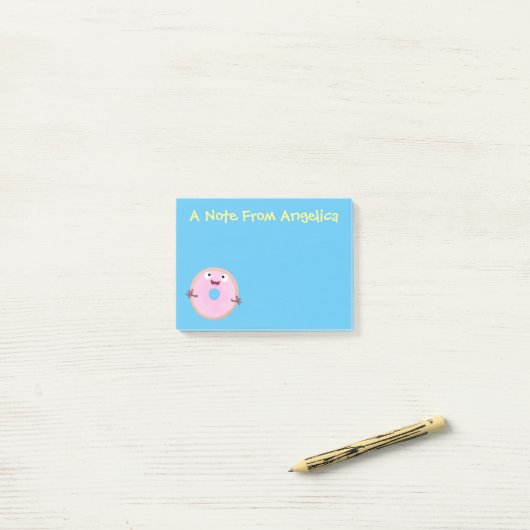 Cute happy roze glaasje donut cartoon post-it® notes (Op bureau)