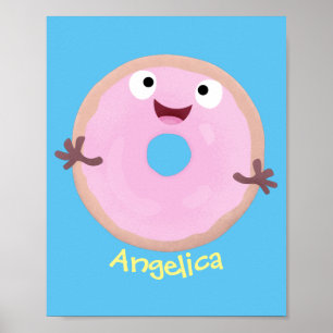 Cute happy roze glaasje donut cartoon poster