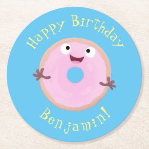 Cute happy roze glaasje donut cartoon ronde kartonnen onderzetter
