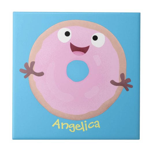 Cute happy roze glaasje donut cartoon tegeltje (Voorkant)