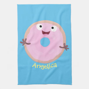 Cute happy roze glaasje donut cartoon theedoek